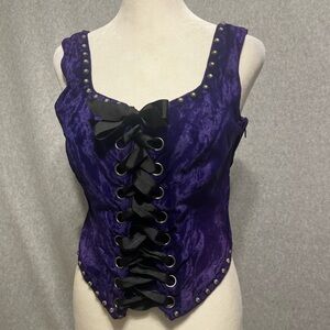 Patricia Wolf Corset Top Sz 2 XS Crushed Velvet Purple Lace Up Studs